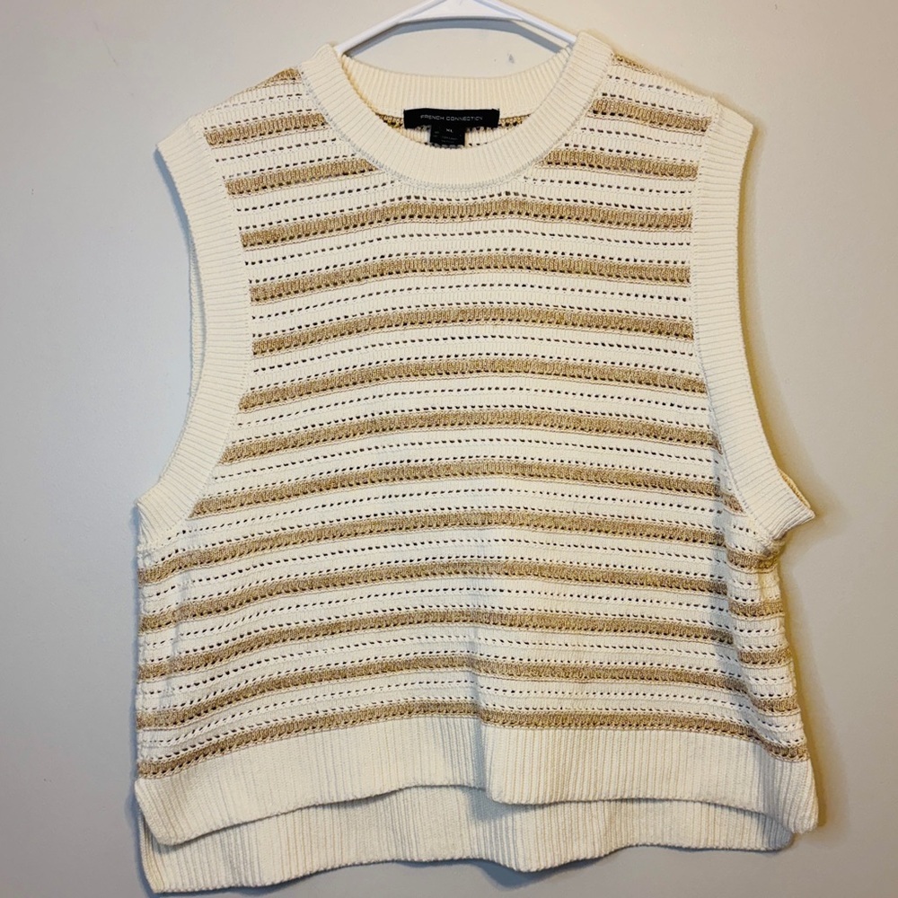 French Connection Open-Knit Striped Sweater Tank in Cream and Tan